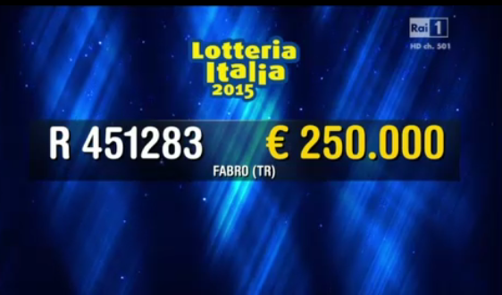 Sesto premio Lotteria Italia, 250.000 euro a Terni